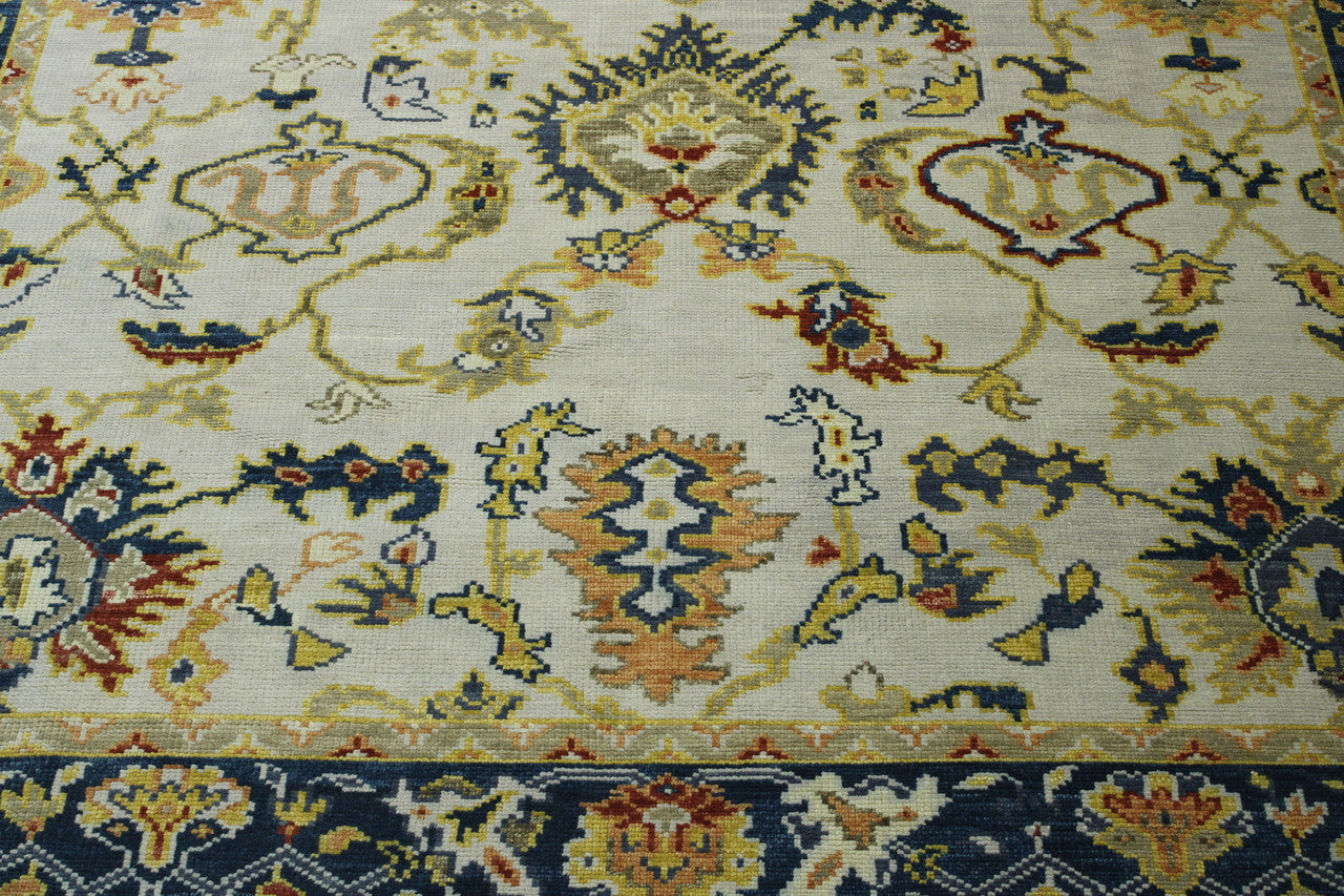Blue & Beige Oushak Colorful Ziegler rug in room setting