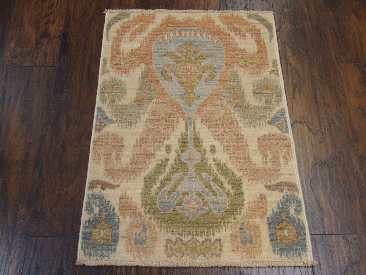 Close-up of wool pile, blue and ivory rug