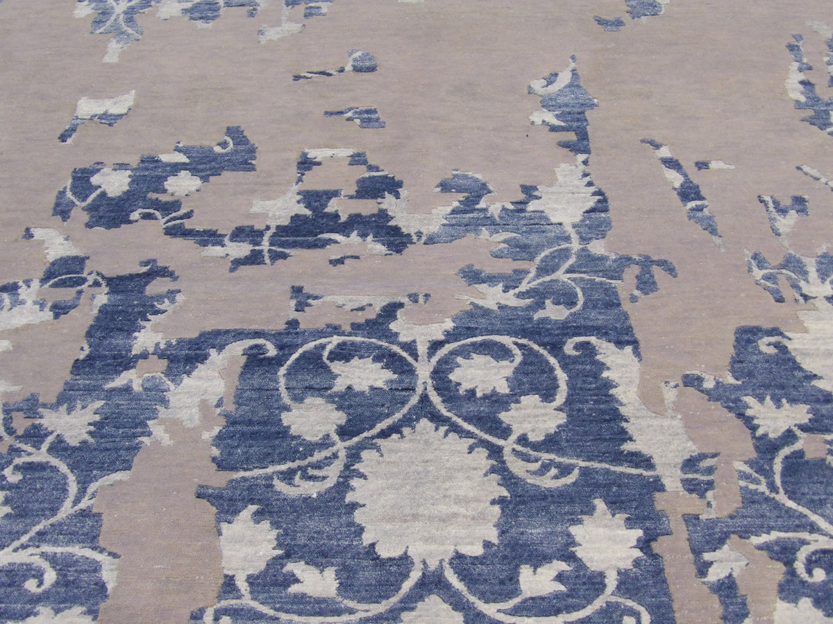 Back of hand-knotted abstract broken design rug showing construction