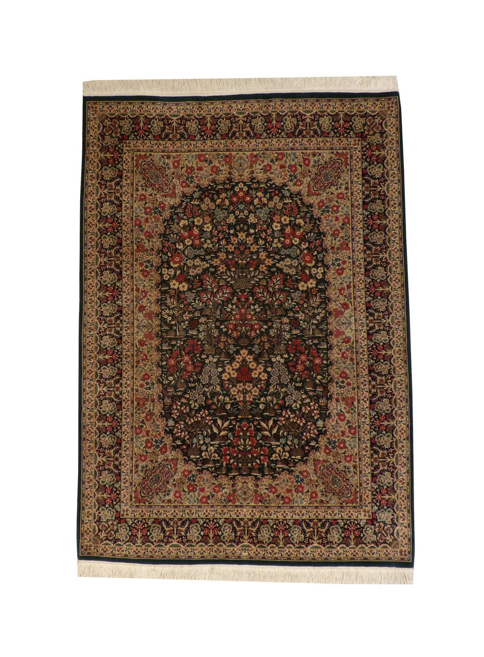 Traditional Kerman hand-knotted wool rug in Blue & Green, full view