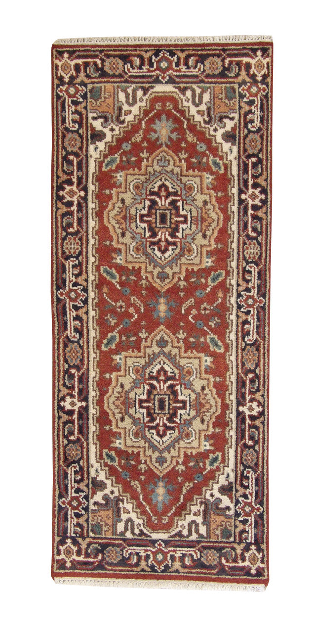 Tribal Indo Heriz hand-knotted wool rug in Rust, full view