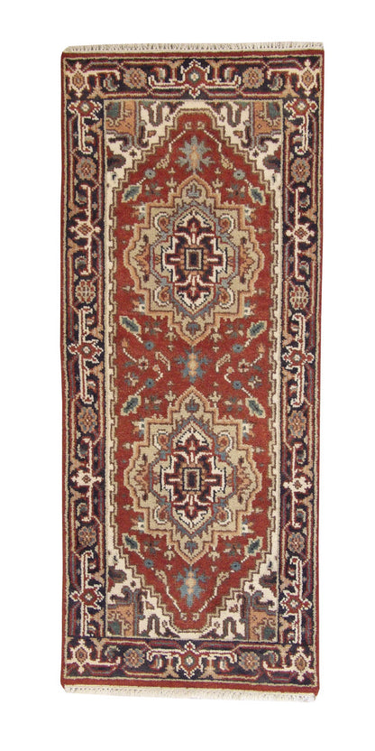 Tribal Indo Heriz hand-knotted wool rug in Rust, full view