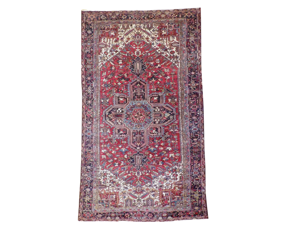 Antique Heriz hand-knotted wool rug in blue and red, palatial size, full view
