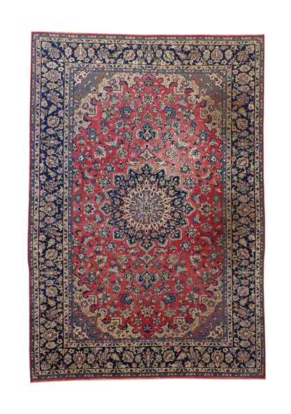 Traditional Antique Tabriz hand-knotted wool rug in Blue & Red, full view