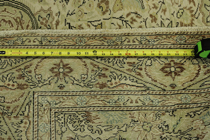 Traditional Vintage Kannysar hand-knotted wool rug in Beige & Green, full view