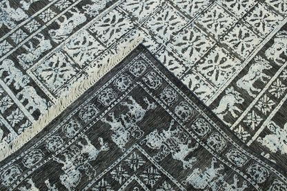 Tribal Sumack Wedding Design hand-knotted wool-silk rug in Black & Blue, full view