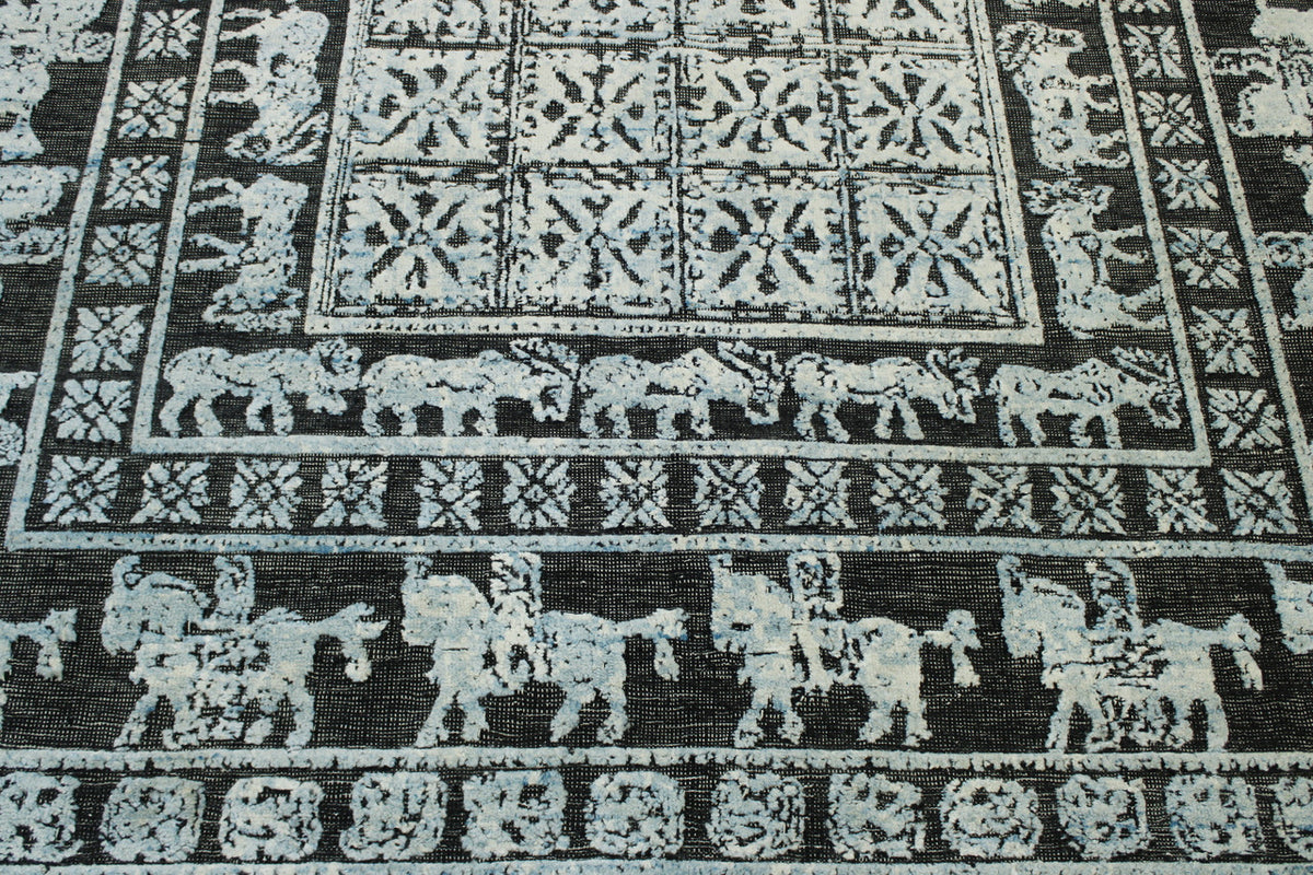 Close-up of wool-silk pile, Black & Blue rug