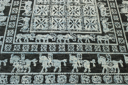 Close-up of wool-silk pile, Black & Blue rug