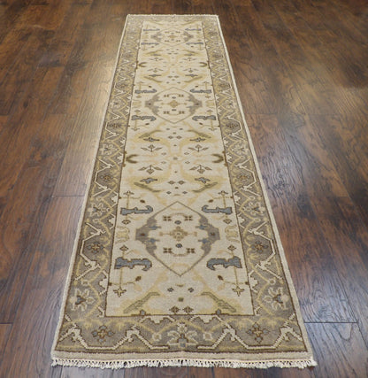 Back of hand-knotted Turkish Oushak runner showing construction