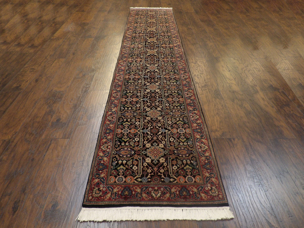 Back of hand-knotted Mir runner showing construction
