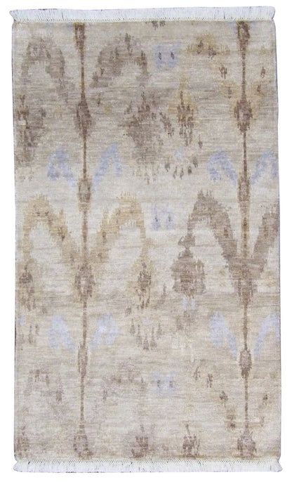 Modern Ikat hand-knotted silk rug in Brown & Beige, full view