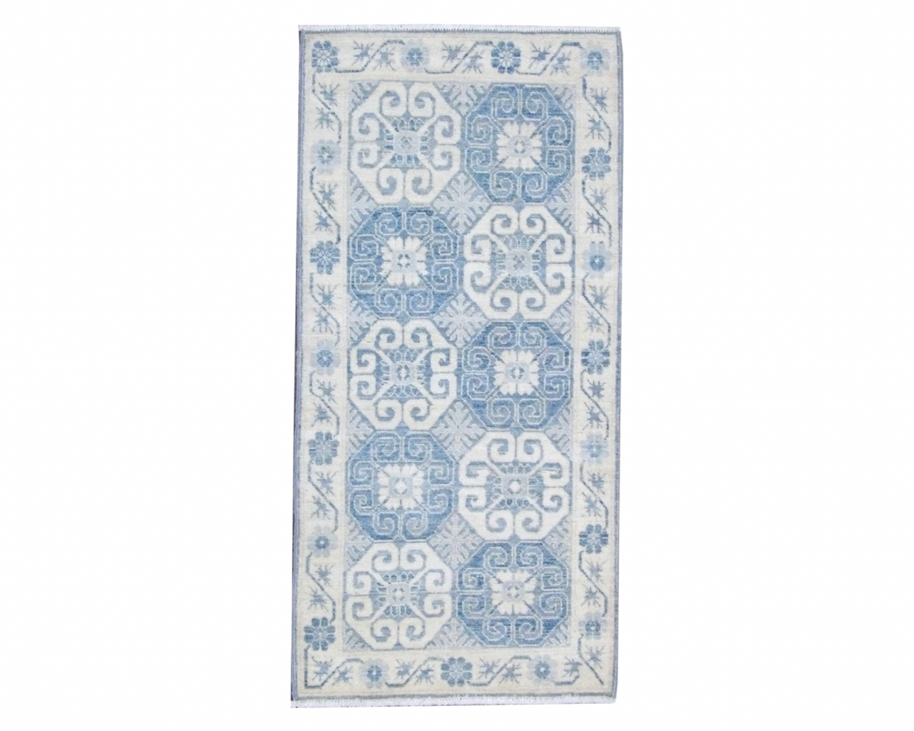 Tribal Khotan hand-knotted wool rug in Blue & Beige, full view