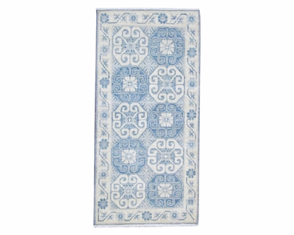 Tribal Khotan hand-knotted wool rug in Blue & Beige, full view