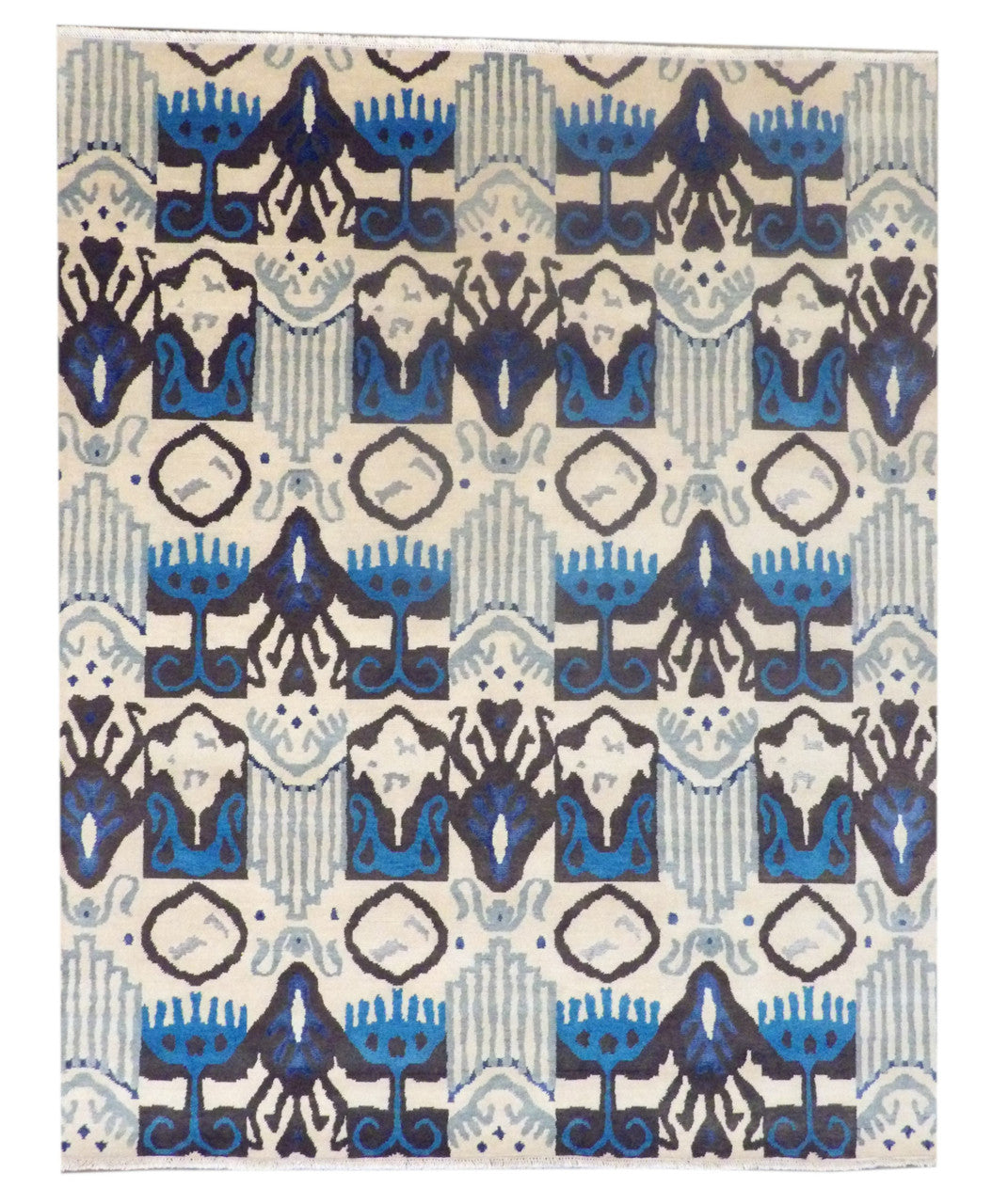 Transitional Ikat Design hand-knotted wool-silk rug in Blue & Gray, full view