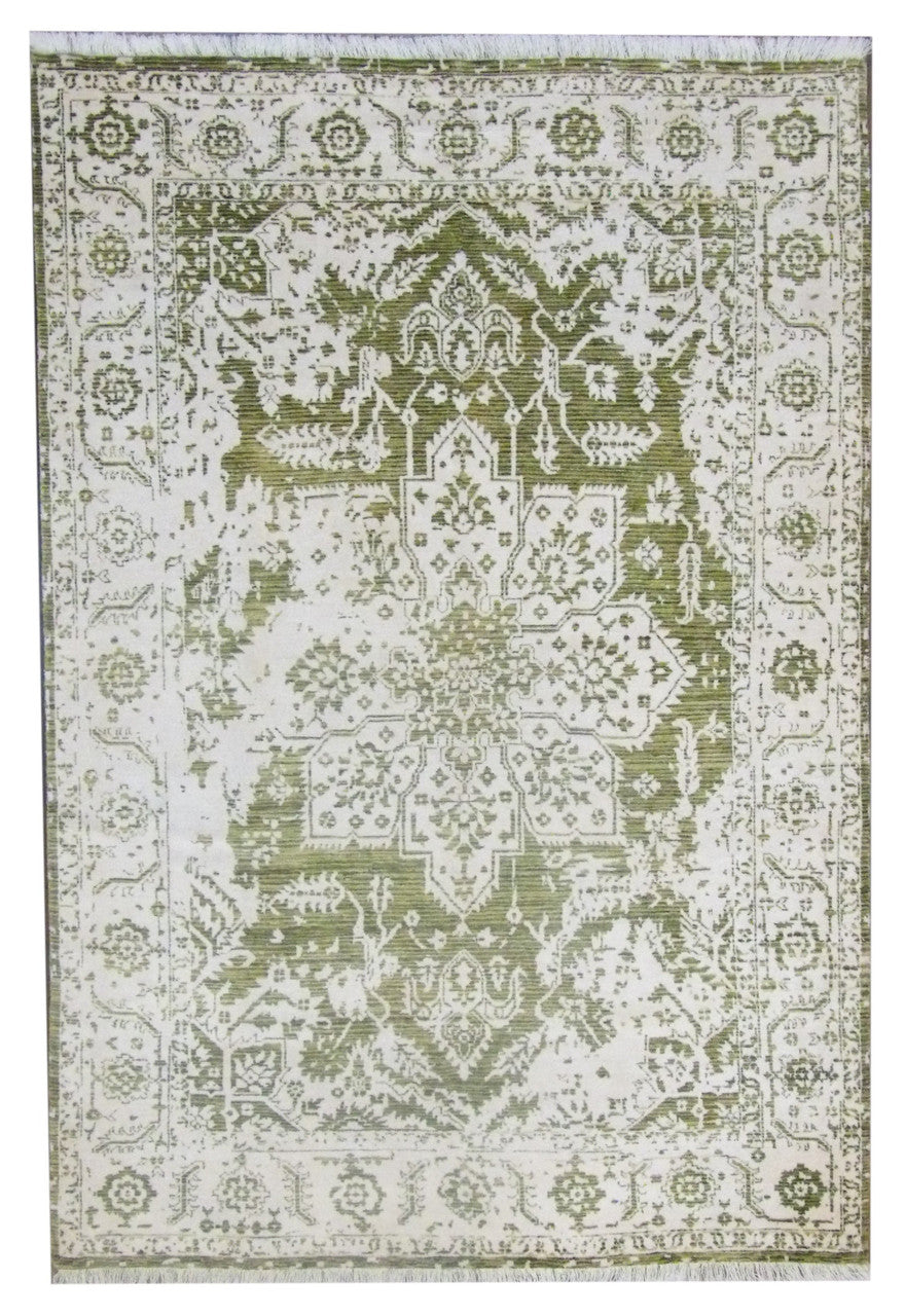 Transitional silky broken Heriz hand-knotted wool-silk rug in green and ivory, full view