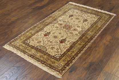 Kashan medallion pattern detail, beige and green wool-silk rug