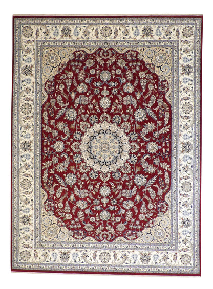 Traditional Fine Nain hand-knotted wool-silk rug in Beige & Red, full view