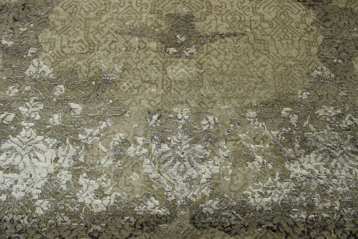 Close-up of wool-silk pile, Gray & Green rug