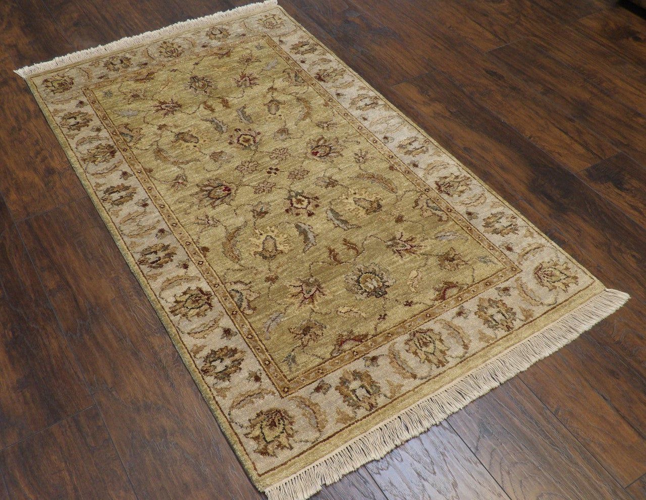 Close-up of wool pile, green Chobie rug