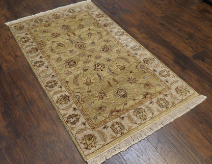 Close-up of wool pile, green Chobie rug