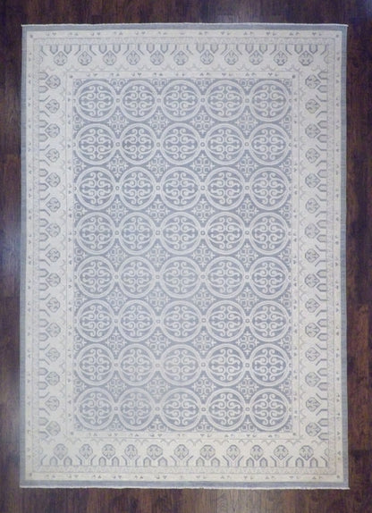 Oushak Khotan natural dye hand-knotted wool rug in beige and blue, oversized 10x14, full view