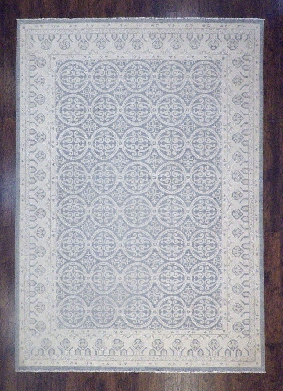Oushak Khotan natural dye hand-knotted wool rug in beige and blue, oversized 10x14, full view