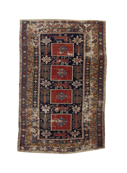 Traditional Antique Vintage Hamadan hand-knotted wool rug in Blue & Red, full view