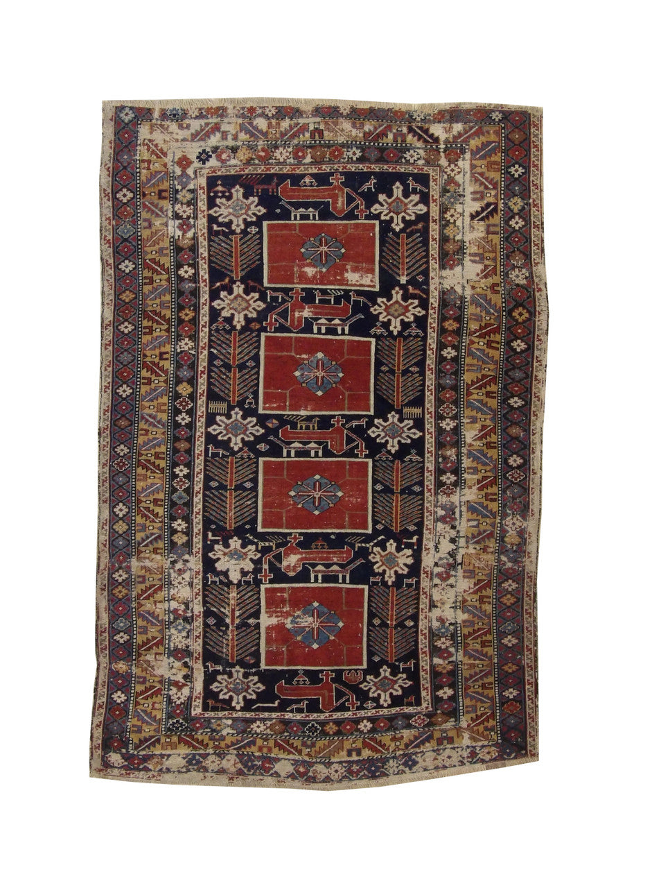 Traditional Antique Vintage Hamadan hand-knotted wool rug in Blue & Red, full view