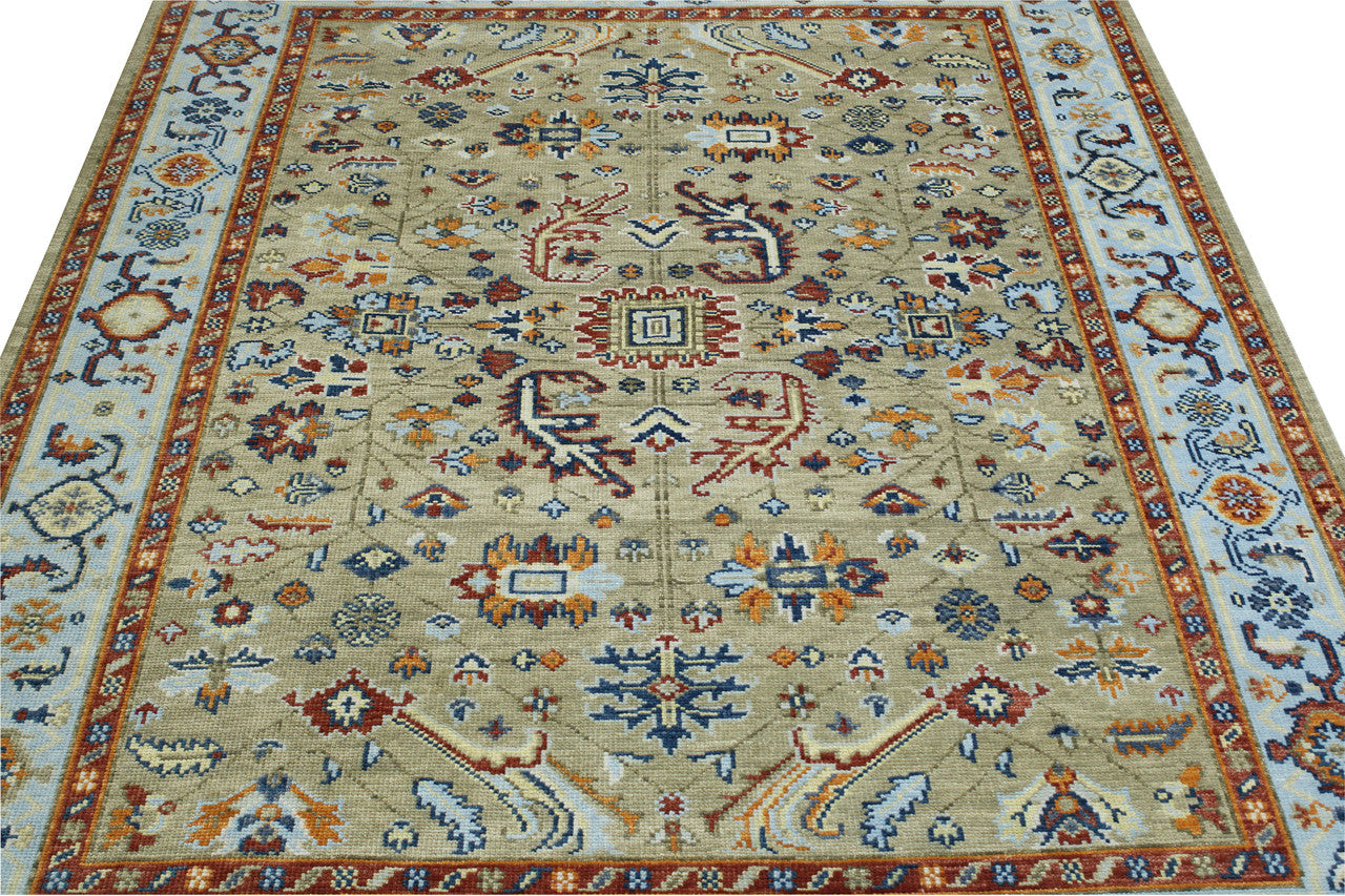 Blue & Beige Oushak Colorful Ziegler rug in room setting