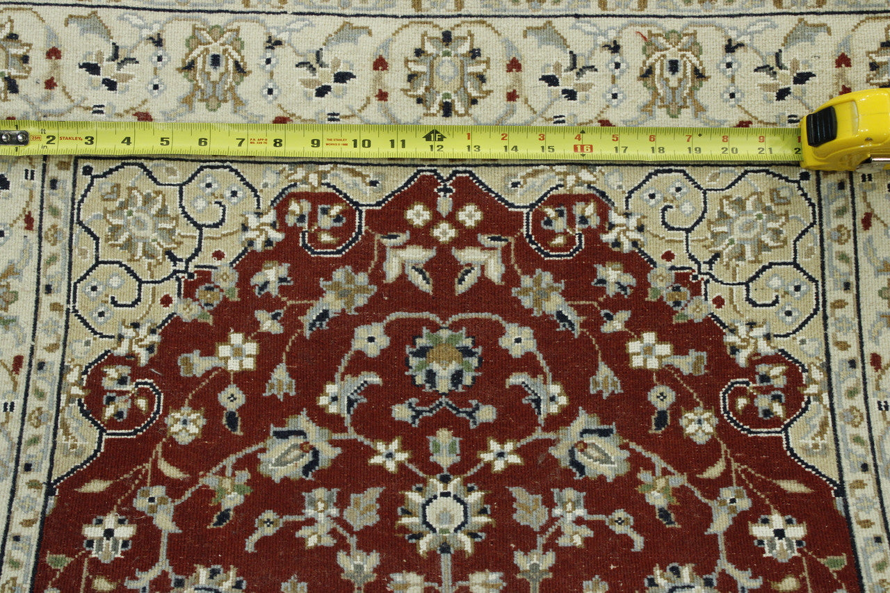 Traditional Fine Nain hand-knotted wool-silk rug in Beige & Red, full view