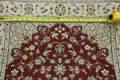Traditional Fine Nain hand-knotted wool-silk rug in Beige & Red, full view