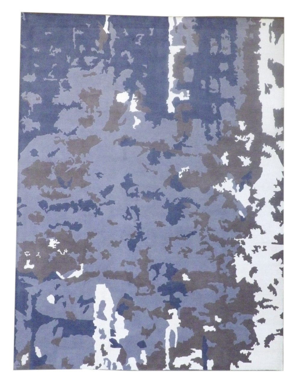 Modern abstract marble design hand-knotted wool-silk rug in blue and white, full view, 9x12