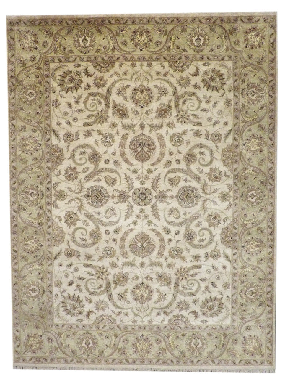 Fine Kashan tie-dye hand-knotted wool rug in green and ivory, full view