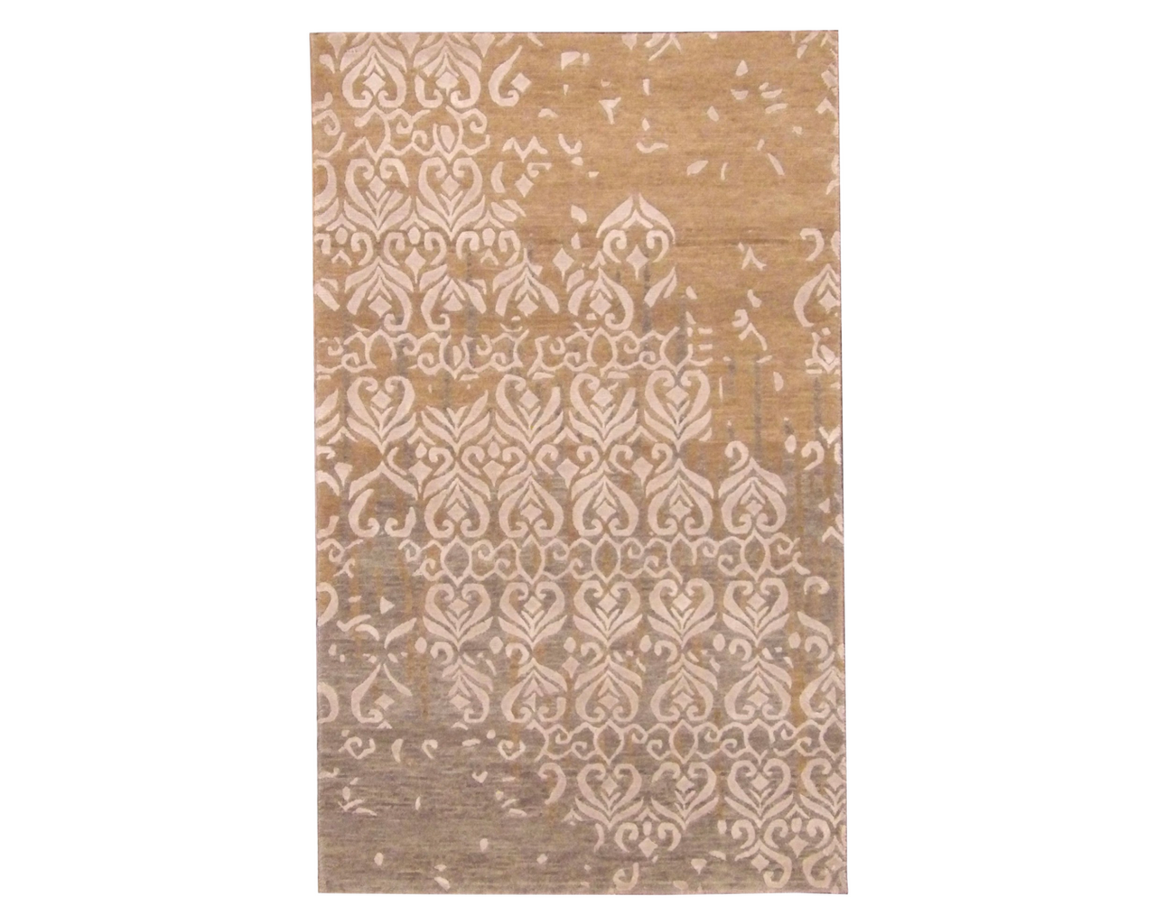 Modern broken design hand-knotted wool-silk rug in gold and gray, full view, 3x5