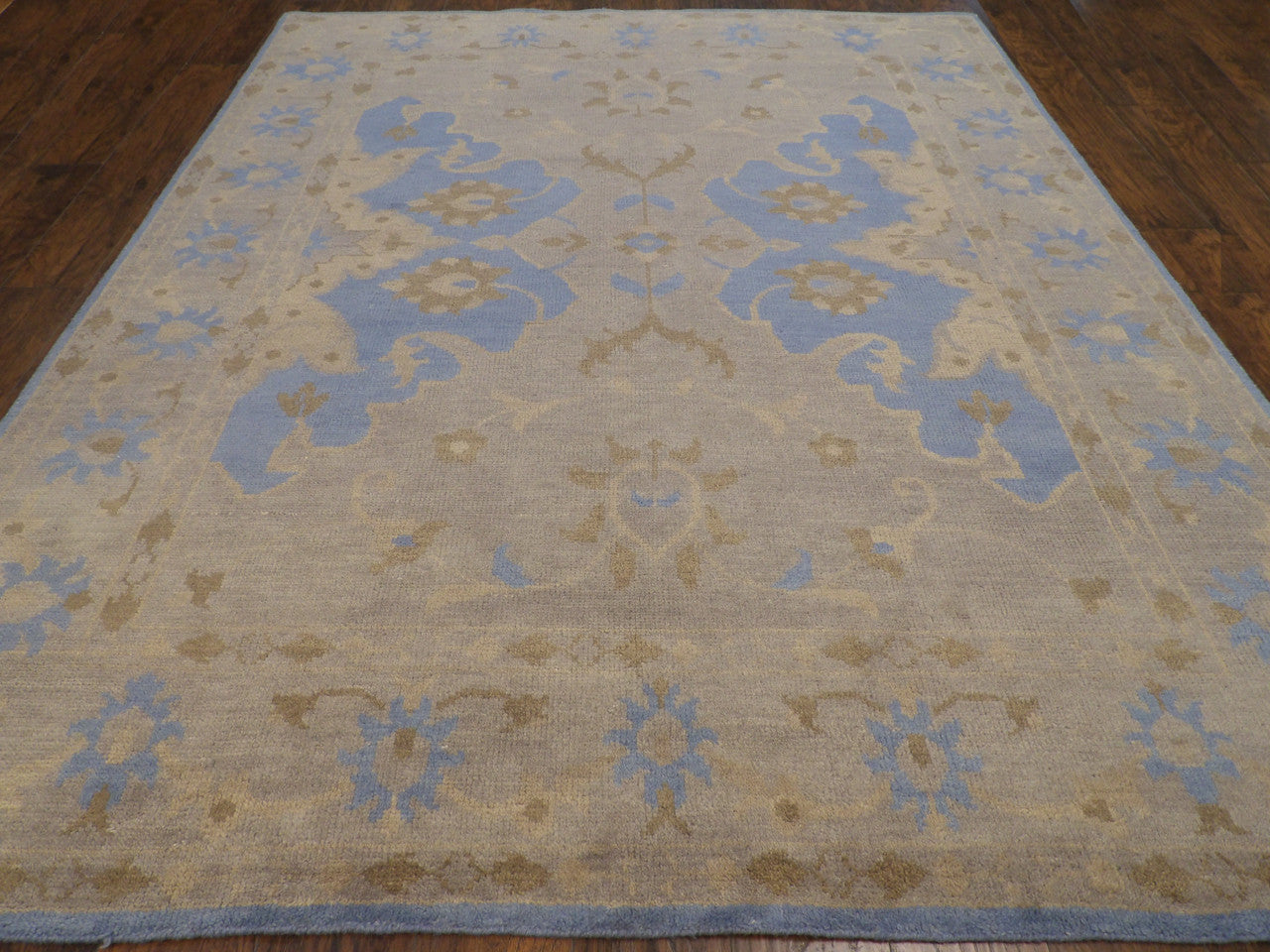 Close-up of wool pile, blue and gray rug