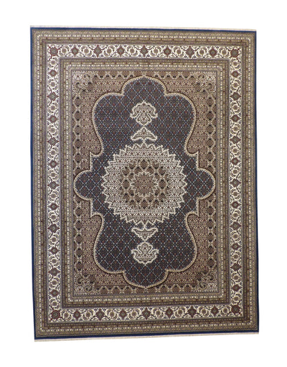 Traditional Fine Qum hand-knotted wool rug in Blue & Beige, full view