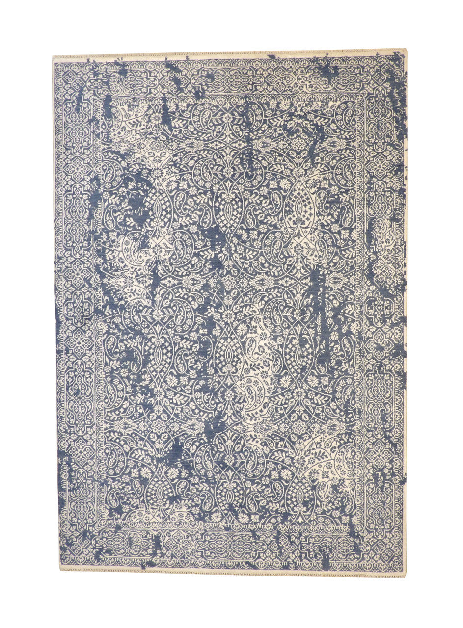 Transitional Abstract Broken Design hand-knotted wool-silk rug in Teal & White, full view