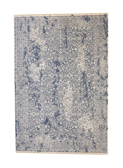 Transitional Abstract Broken Design hand-knotted wool-silk rug in Teal & White, full view
