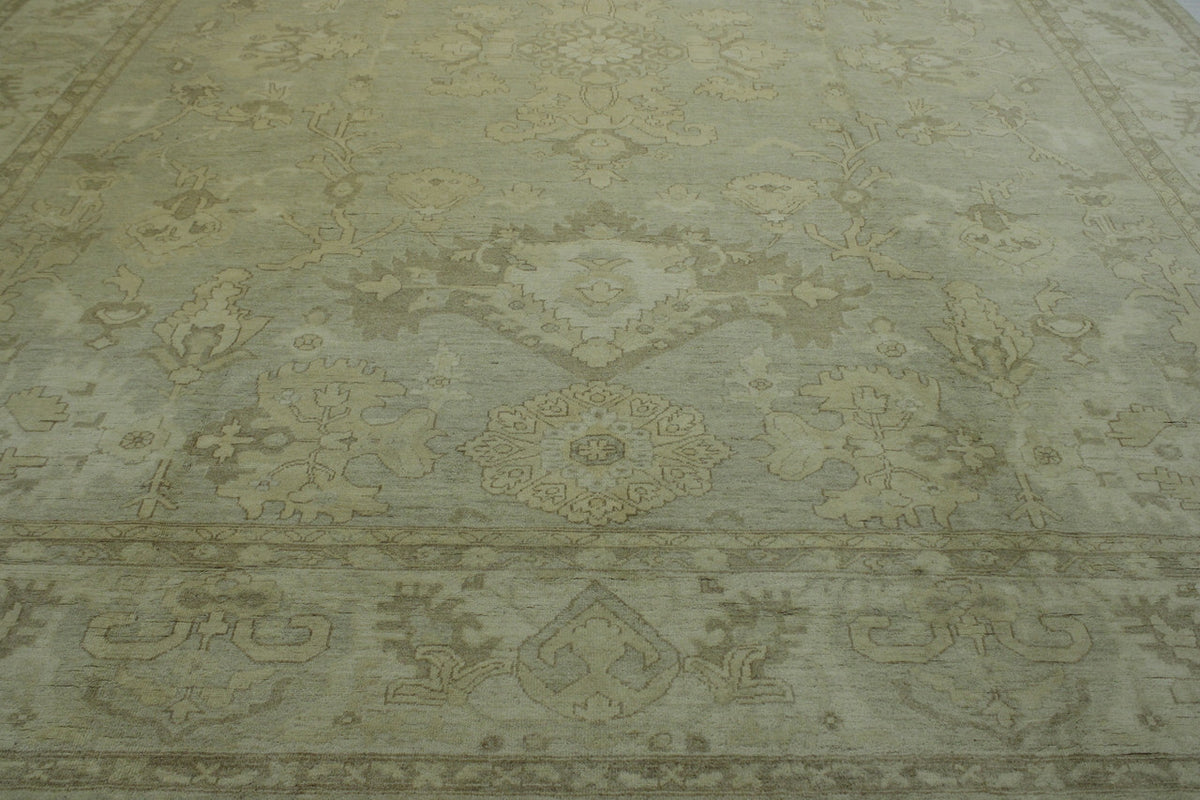 Oushak Chobi hand-knotted wool rug in Green, Gray, Beige & Gold, full view
