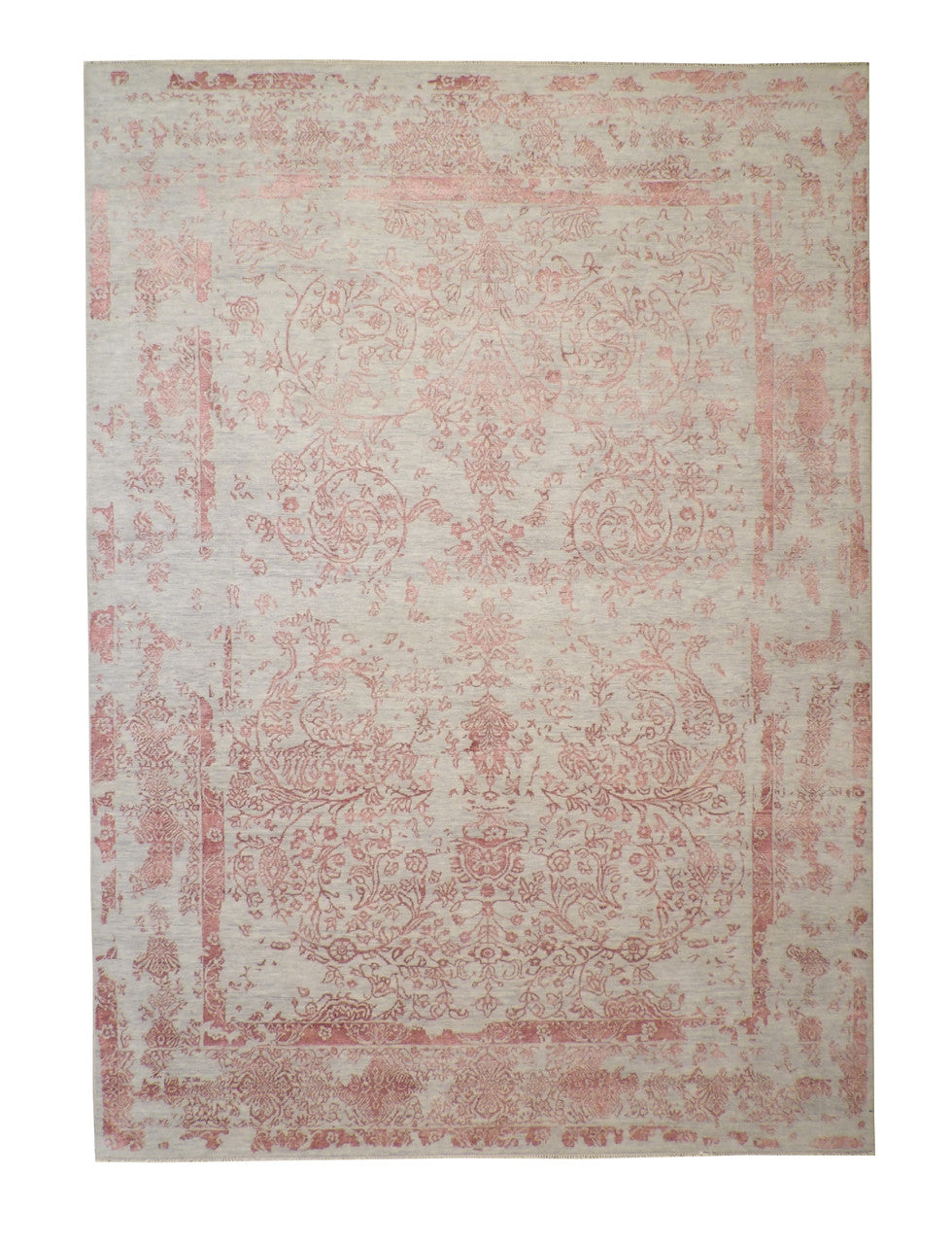 Transitional Abstract Broken Design hand-knotted wool rug in Gray & Pink, full view