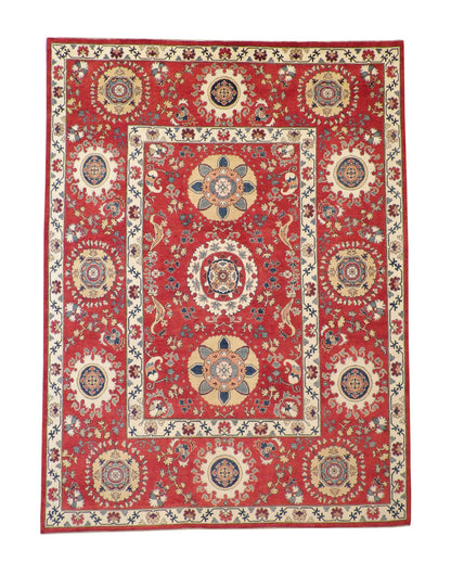 Tribal Suzani hand-knotted wool rug in Red, full view