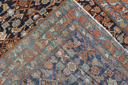 Traditional Antique Mir hand-knotted wool rug in Blue & Red, full view