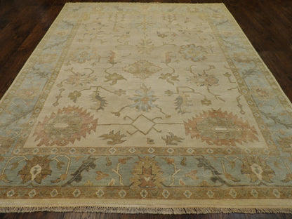 Back of hand-knotted Anatolian Oushak rug showing construction