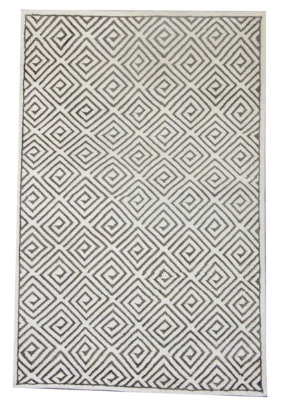 Transitional Moroccan diamond hand-knotted wool rug in brown and ivory, full view