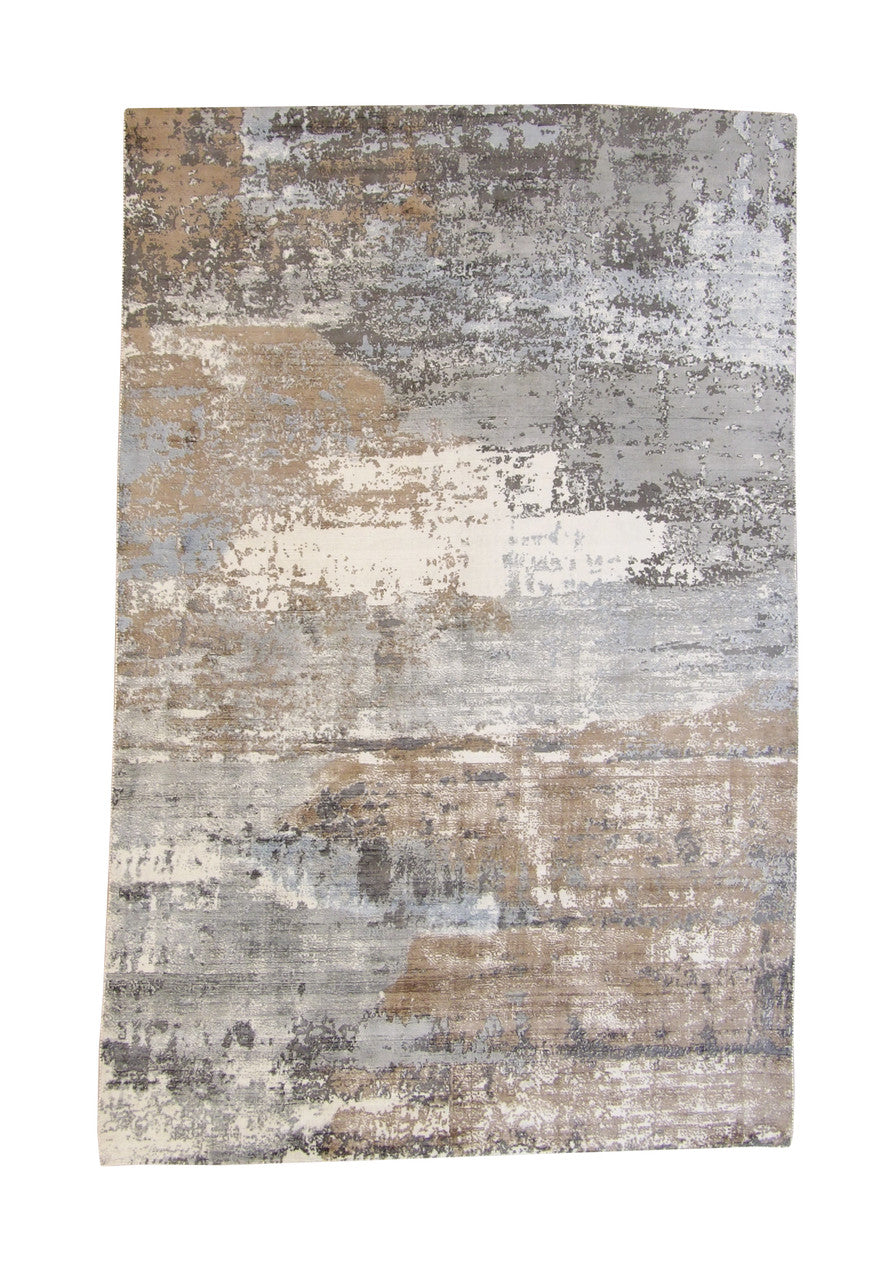 Modern Abstract Design hand-knotted silk rug in Multi-Color & White, full view