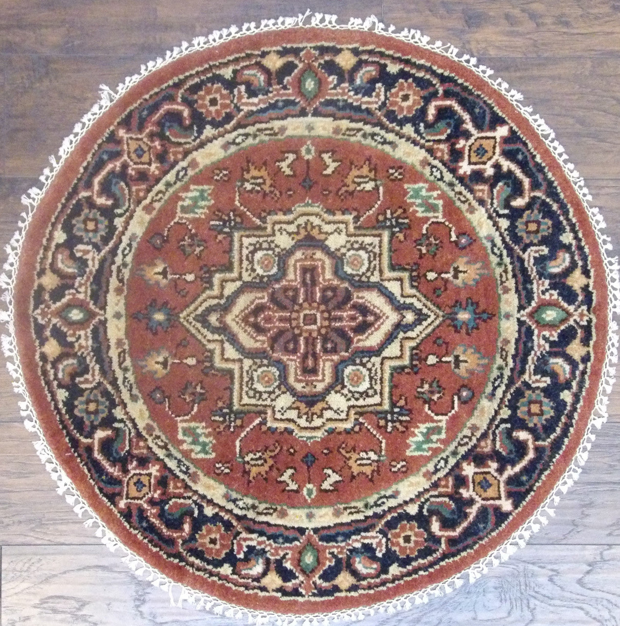 Tribal Heriz hand-knotted wool rug in Blue & Rust, full view