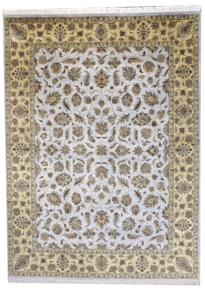 Fine Kashan tie-dye hand-knotted wool rug in blue and gold, full view