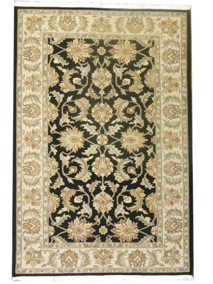 Persian Kashan Soumak weave hand-knotted wool rug in black and gold, full view