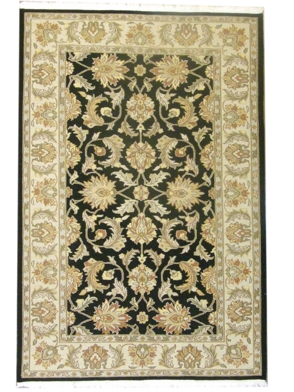 Persian Kashan Soumak weave hand-knotted wool rug in black and gold, full view