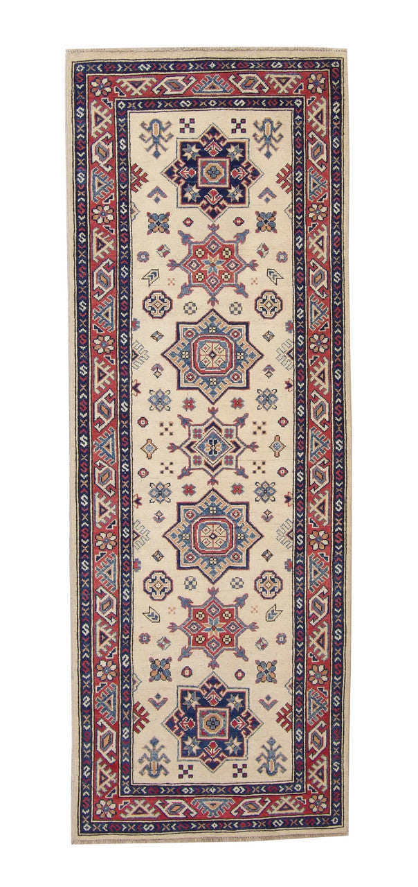 Tribal Super Kazak hand-knotted wool rug in Beige, full view